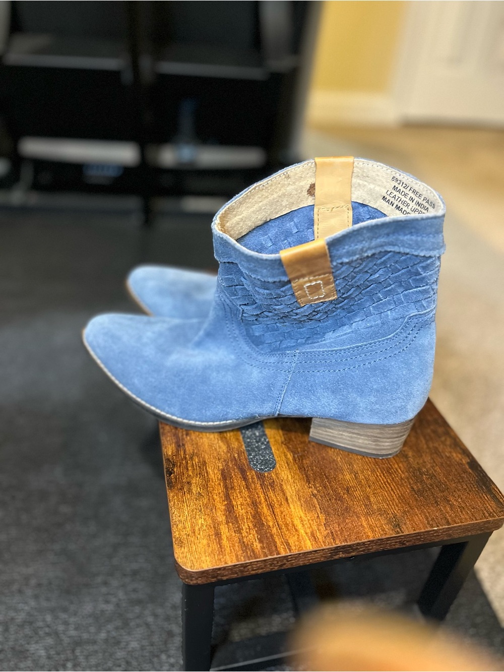 Blue Suede Women's Ankle Boot with Tan Pull Tab Free Pass